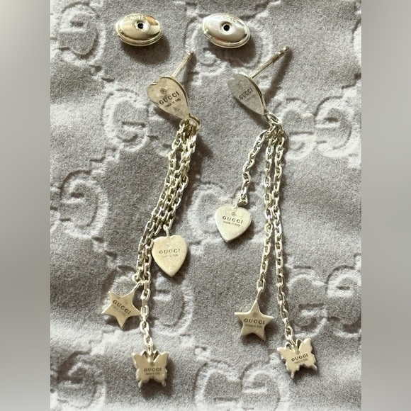 GUCCI Silver 2" Chain Earrings w/Star, Heart, & Butterfly Charms, VGUC, w/Dustie - Picture 3 of 5